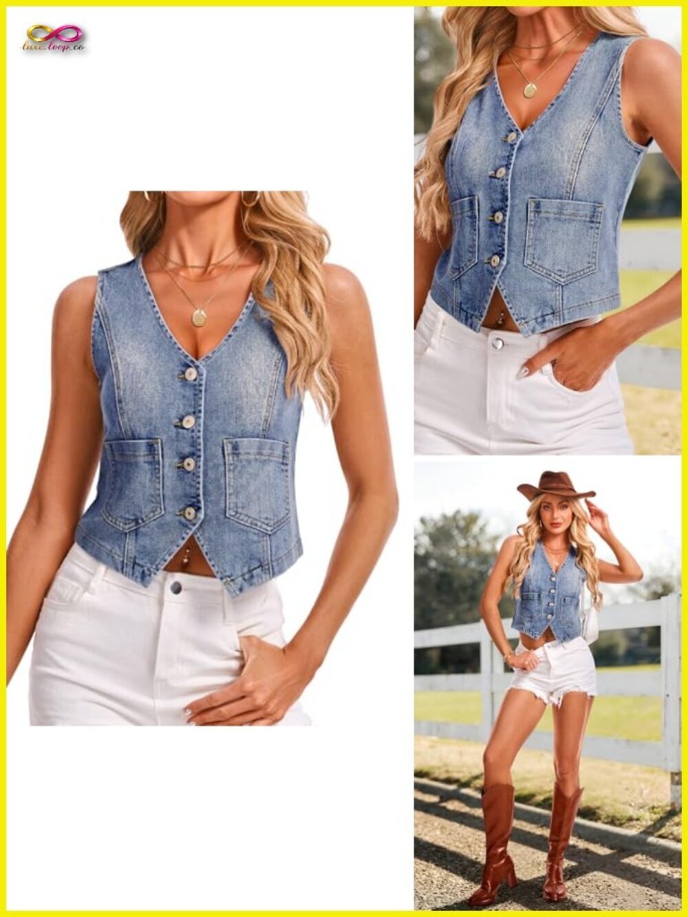 Denim Vest V Neck Cropped Sleeveless Button Down with Pockets